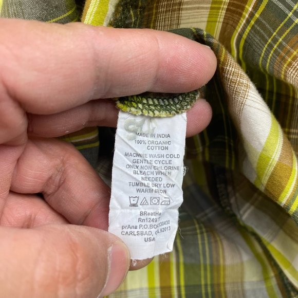 PRANA Shirt Men Extra Large XL Green Plaid Button Up Pearl Snap India Casual - Picture 6 of 9